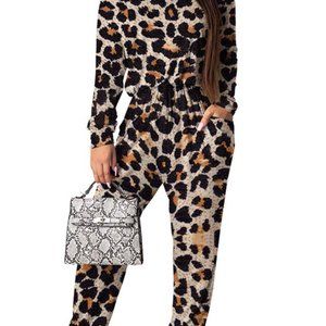 Leopard Skin Skew Neck Drawstring Jumpsuit Pockets